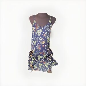 Womens Navy Blue Blooming Bouquet Floral Print V-neck Slip Dress Sz S
